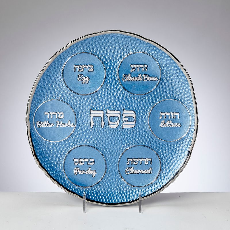 SEDER PLATE,"BLUE PEBBLE" W/SILVER ACCENTS,GLASS,ROUND,12",BOX