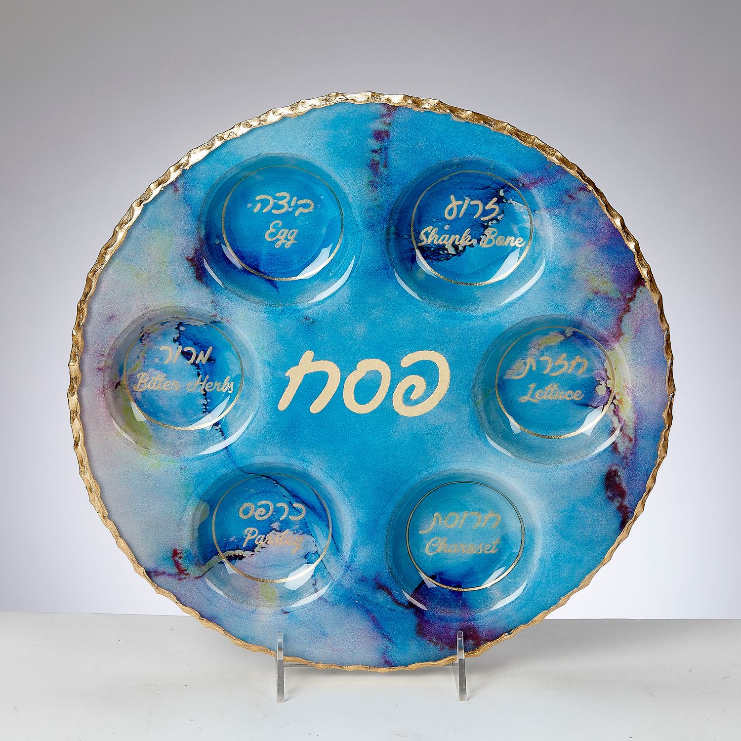 SEDER PLATE,"BLUE MARBLE" W/GOLD ACCENTS,GLASS,ROUND,12",BOX