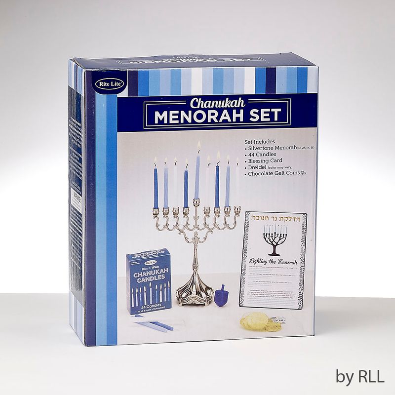 SET OF SILVERTONE MENORAH, CANDLES, GELT, DREIDEL, COLORBOX