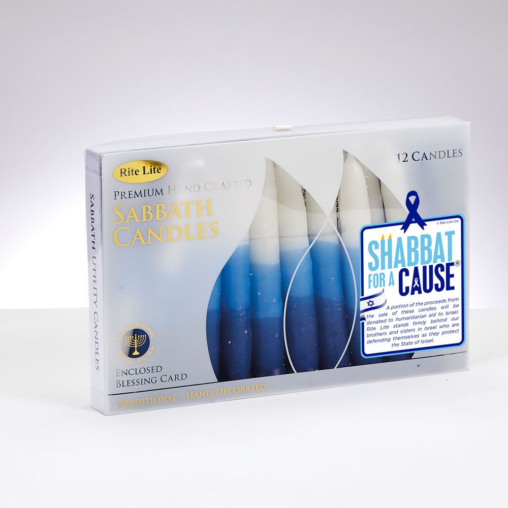 SHABBAT CANDLES FOR A CAUSE,TRI-COLOR BLUE/WHITE,5",12/GIFTBOX