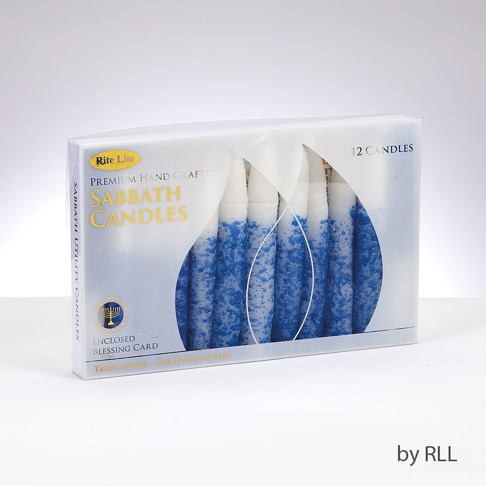 SHABBAT CANDLES,PREM.,HNDCRFTD WHIT W/BLUE ACCENTS,5",12/GIFT BOX