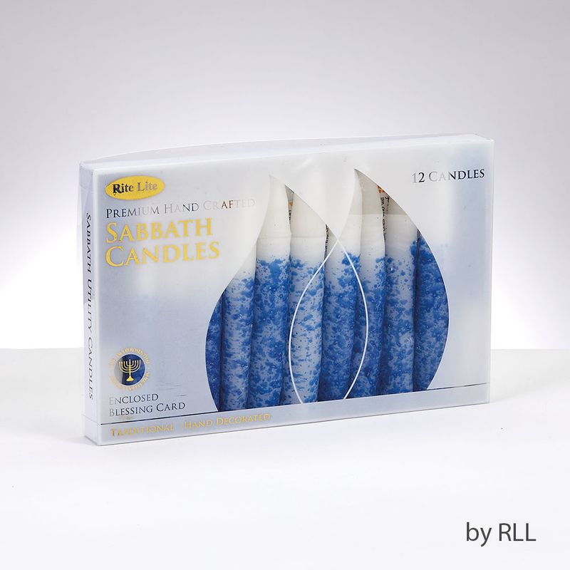 SHABBAT CANDLES,PREM.,HNDCRFTD WHIT W/BLUE ACCENTS,5",12/GIFT BOX