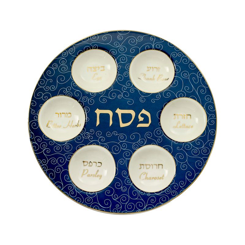 SEDER PLATE,BLUE W/ WHITE CURLICUES,GOLD ACCENTS,CERAMC,12”,CLRBX