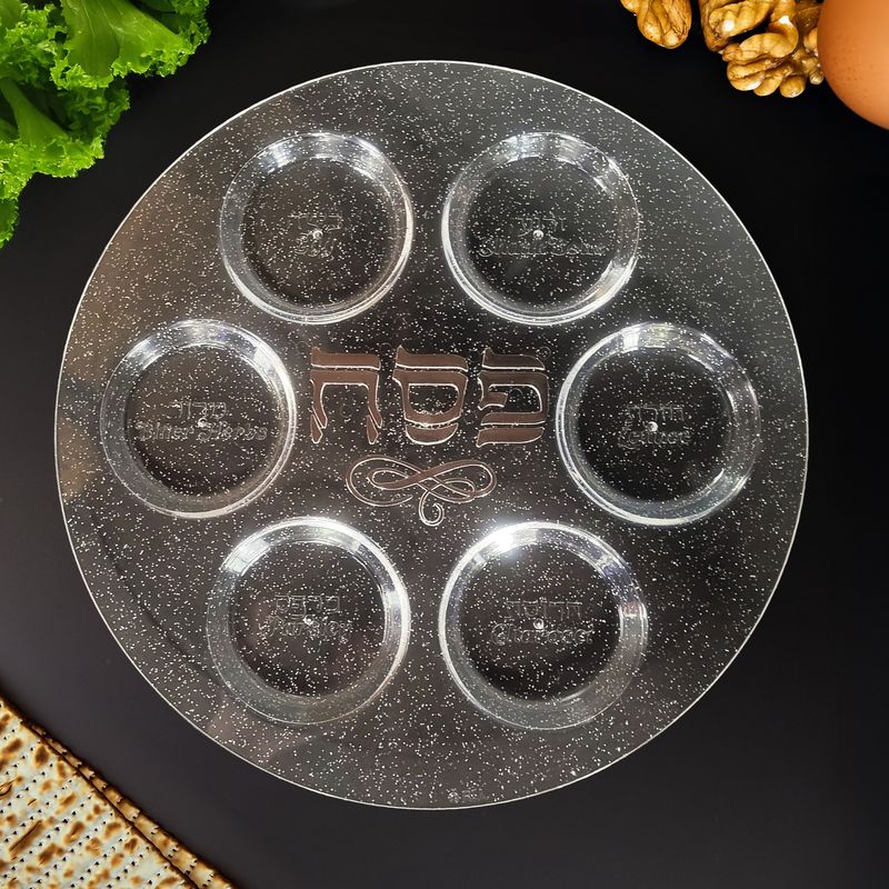 SEDER PLATE,CLEAR PS W/ GLITTER&amp;SILVER ACCENTS,12" ROUND, LABEL