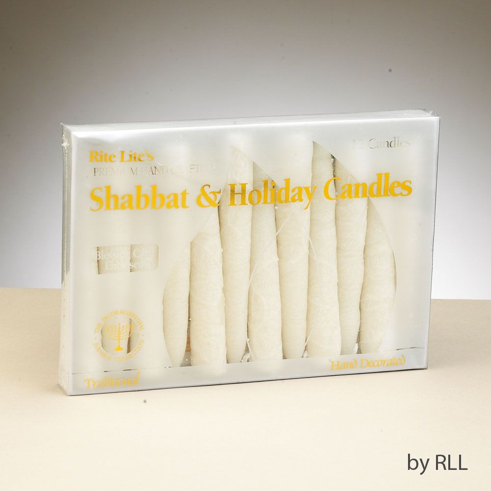 SHABBAT CANDLES, PREMIUM, HANDCRAFTED,WHITE/WHITE, 5",12/GIFT BOX