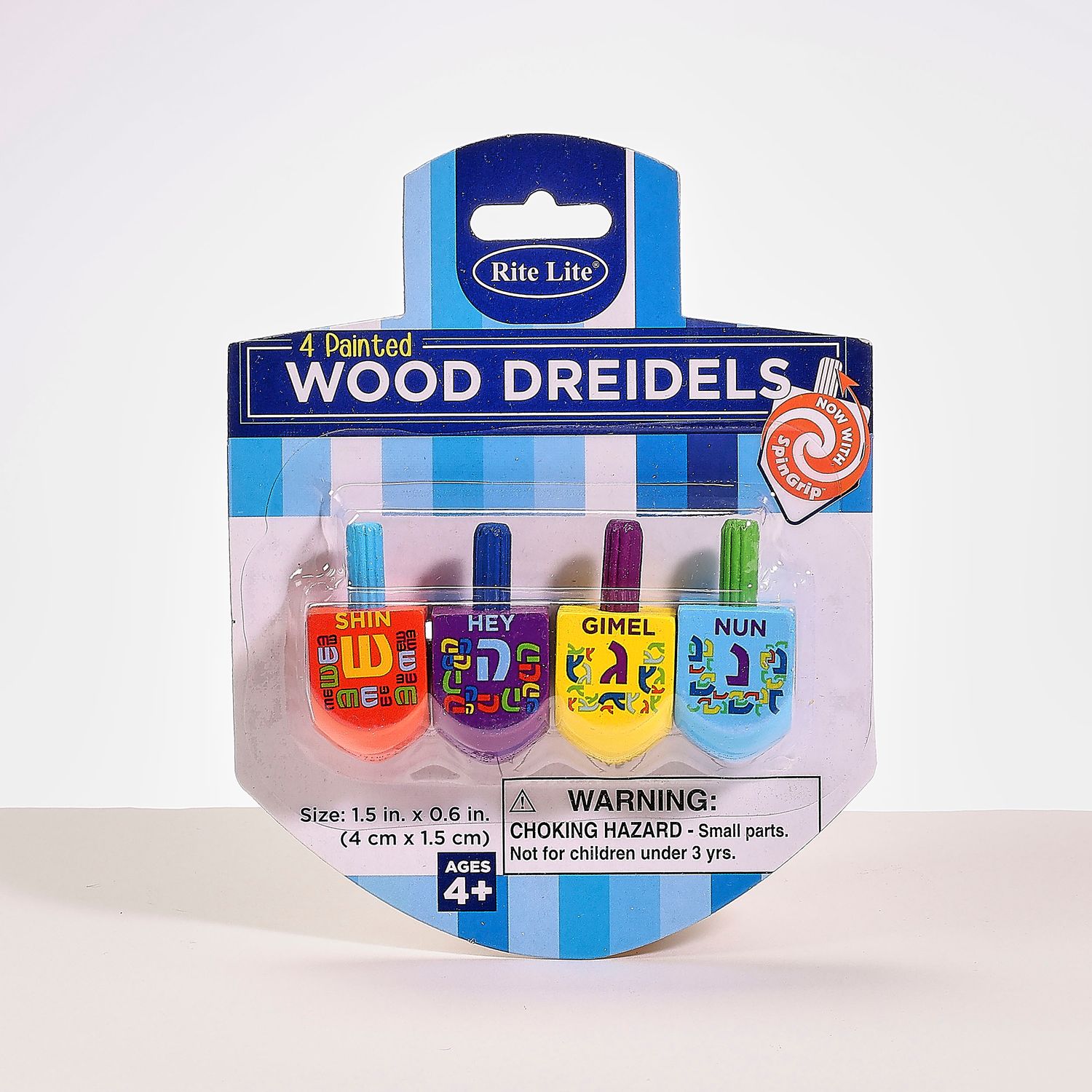 THE DREIDEL GAME, PAINTED WOOD DREIDELS, SMALL, 1.5"H, 4/CARD