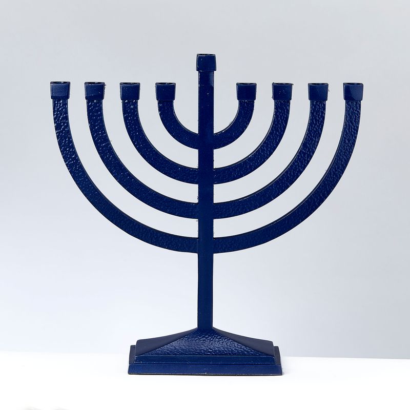 TRADITIONAL MENORAH,HAMMERED, MATTE NAVY, 8.5"x8.5",TAG