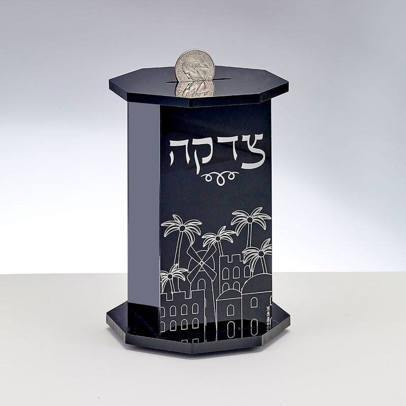 TZEDAKAH BOX, HEXAGON, JRSLM DESIGN,BLACK ACRYLIC, 5.5",COLORBOX