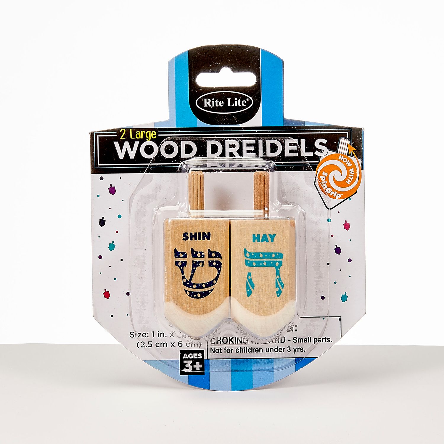 THE DREIDEL GAME, 2 LARGE WOOD DREIDELS, 2.5"H, CARDED