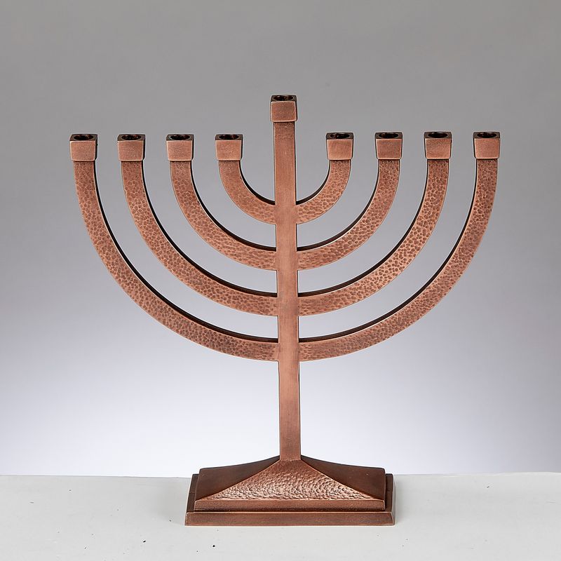 TRADITIONAL MENORAH,HAMMERED ALUMINUM,COPPER FINISH,8.5"x8.5",BOX