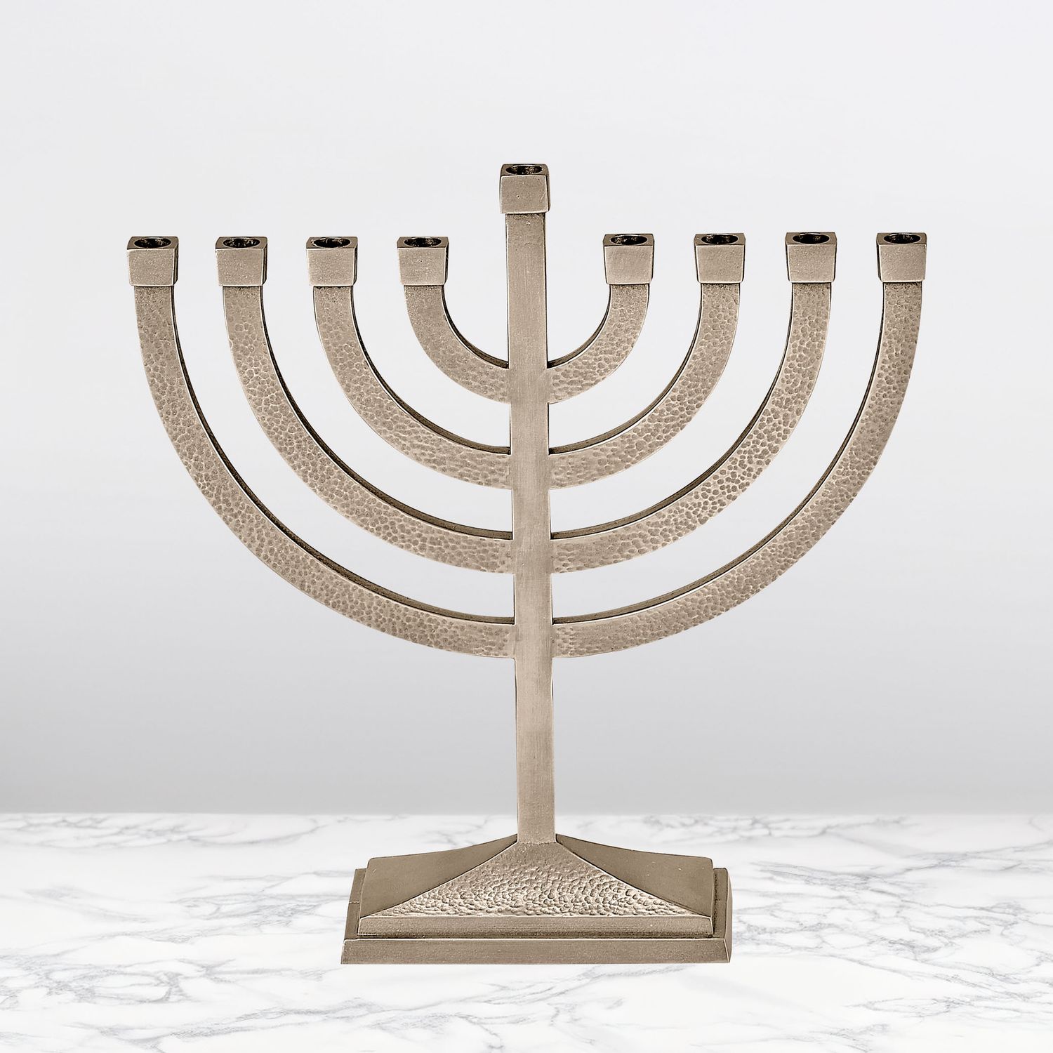 TRADITIONAL MENORAH,HAMMERED ALUMINUM,PWTER FINISH,8.5"x8.5",BOX