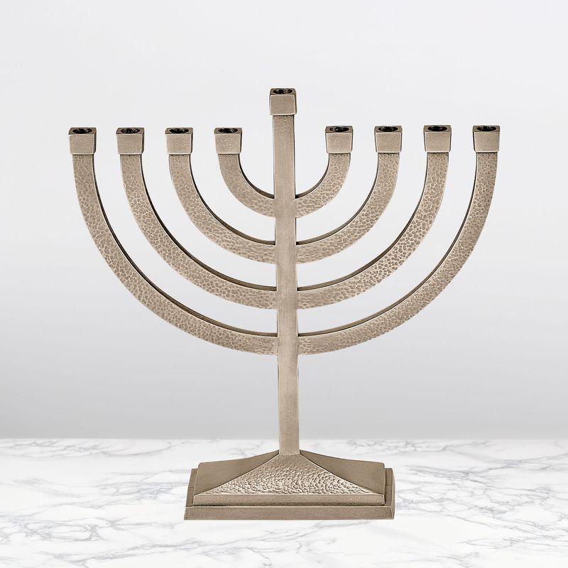 TRADITIONAL MENORAH,HAMMERED ALUMINUM,PWTER FINISH,8.5"x8.5",BOX
