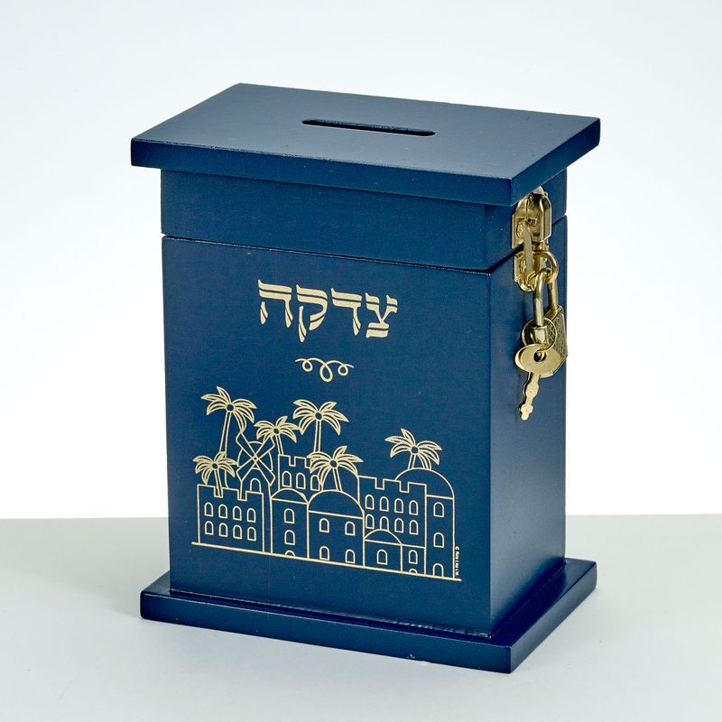 TZEDAKAH BOX, ENAMELED WOOD, BLUE, 5.5"H, BOX