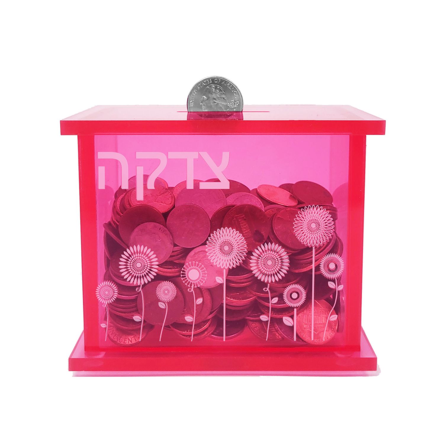 TZEDAKAH BOX, FLOWER DESIGN, PINK ACRYLIC, 4"H, COLORBOX