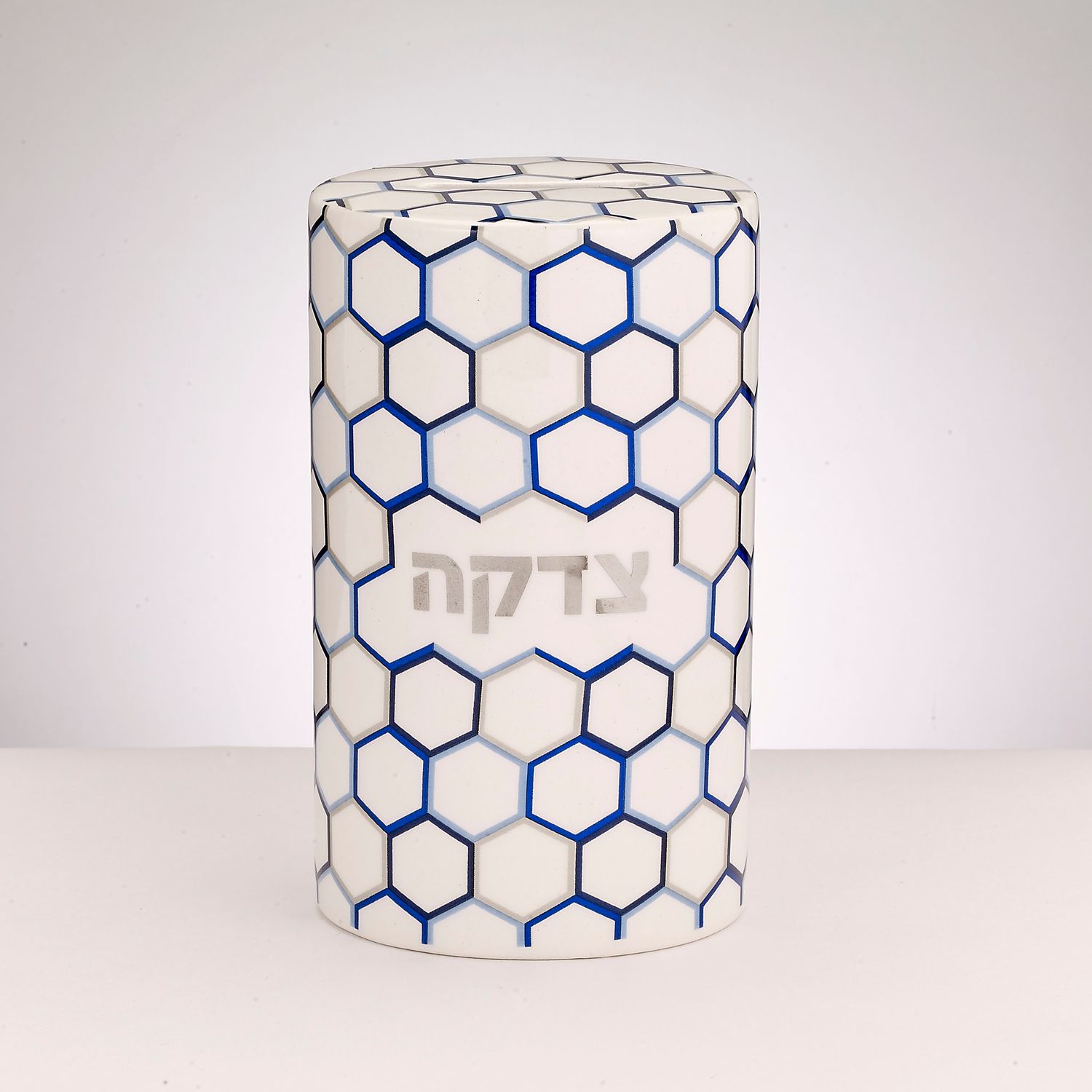 TZEDAKAH BOX, HONEYCOMB DESIGN,SILVER ACCENTS,CERAMIC,5.5"H,CLBOX