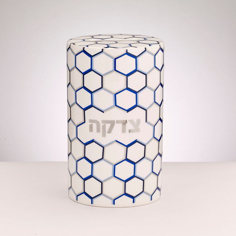 TZEDAKAH BOX, HONEYCOMB DESIGN,SILVER ACCENTS,CERAMIC,5.5"H,CLBOX