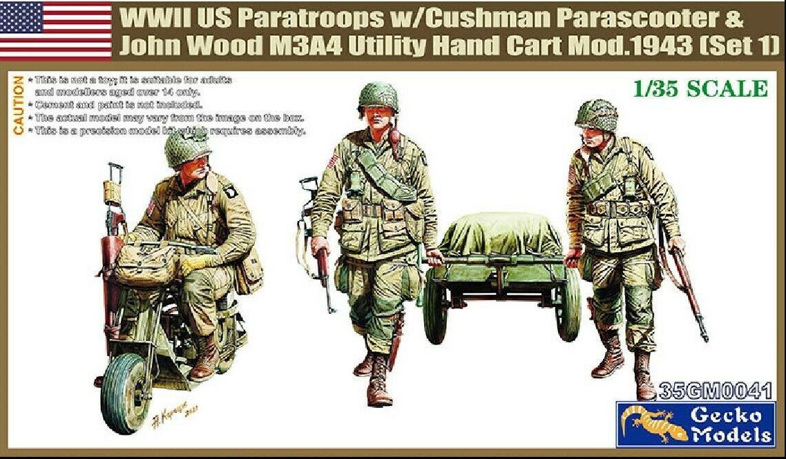 Military Gecko Models 1/35 WWII US Paratroops with Cushman Parascooter and John Wood M3A4 Utility Hand Cart Mod.1943