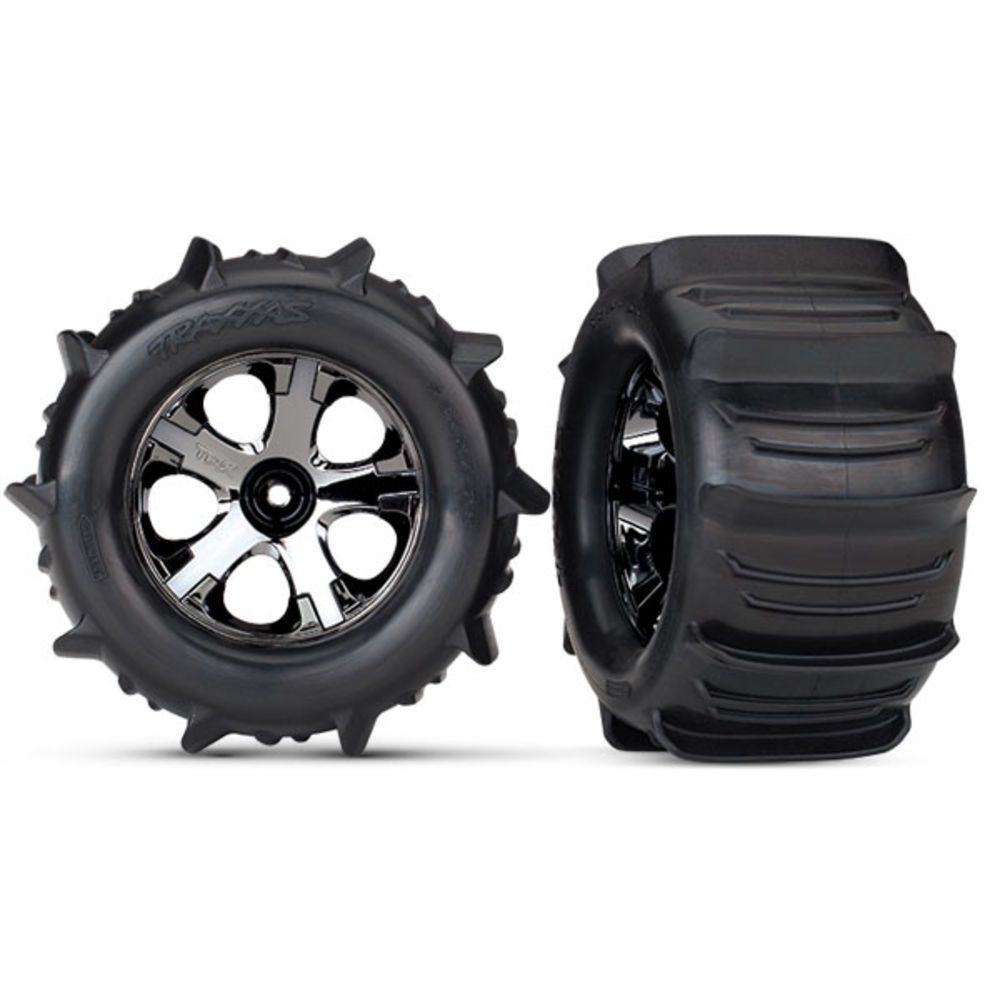 Tyres &amp; wheels, assembled, glued (2.8') (All-Star black chrome wheels, paddle Tyres, foam inserts) (nitro rear / 4WD electric front / rear) (2) (TSM rated)
