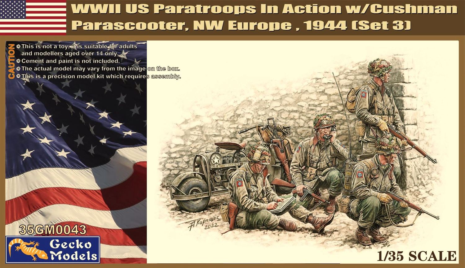 Military Gecko Models 1/35 WWII US Paratroopers 1944 &amp; Cushman Cycle