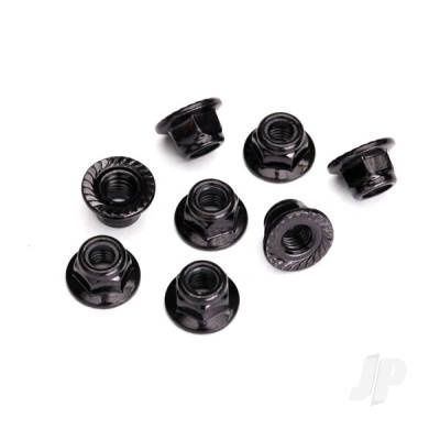 Nuts, 5mm flanged nylon locking (steel, black serrated) (8pcs)