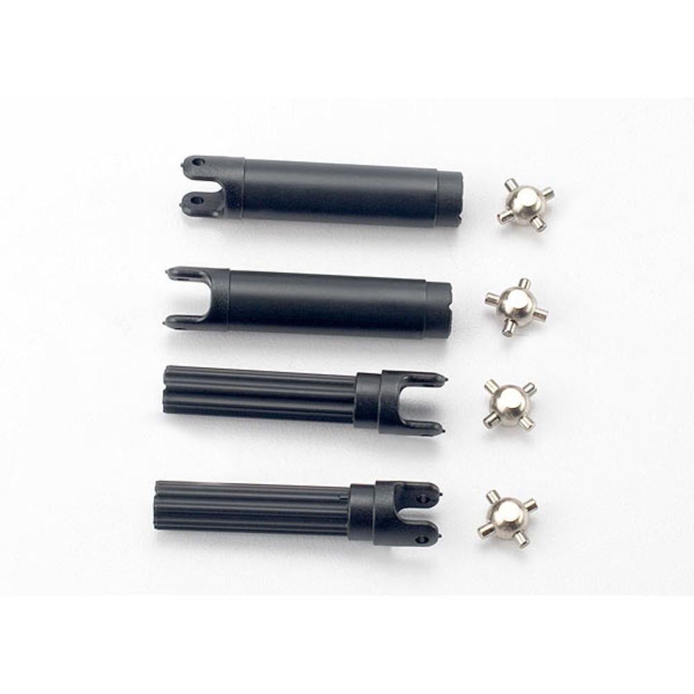 Half shafts, left or right (internal splined half shaft (2 pcs) / external splined half shaft) (2 pcs)) / metal u-joints (4 pcs) by Traxxas in Spares/Cars