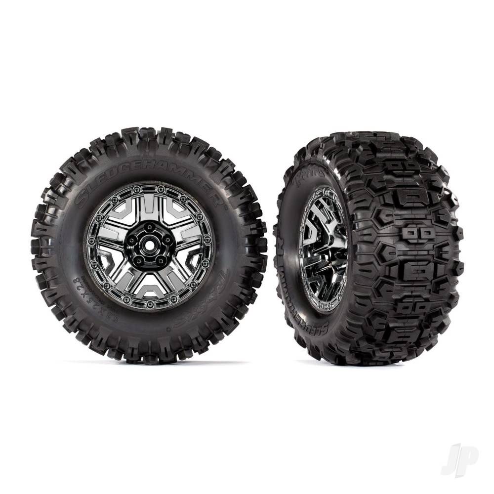 Tyres &amp; wheels, assembled, glued (black chrome 2.8" wheels, Sledgehammer Tyres, foam inserts) (2) (TSM rated)