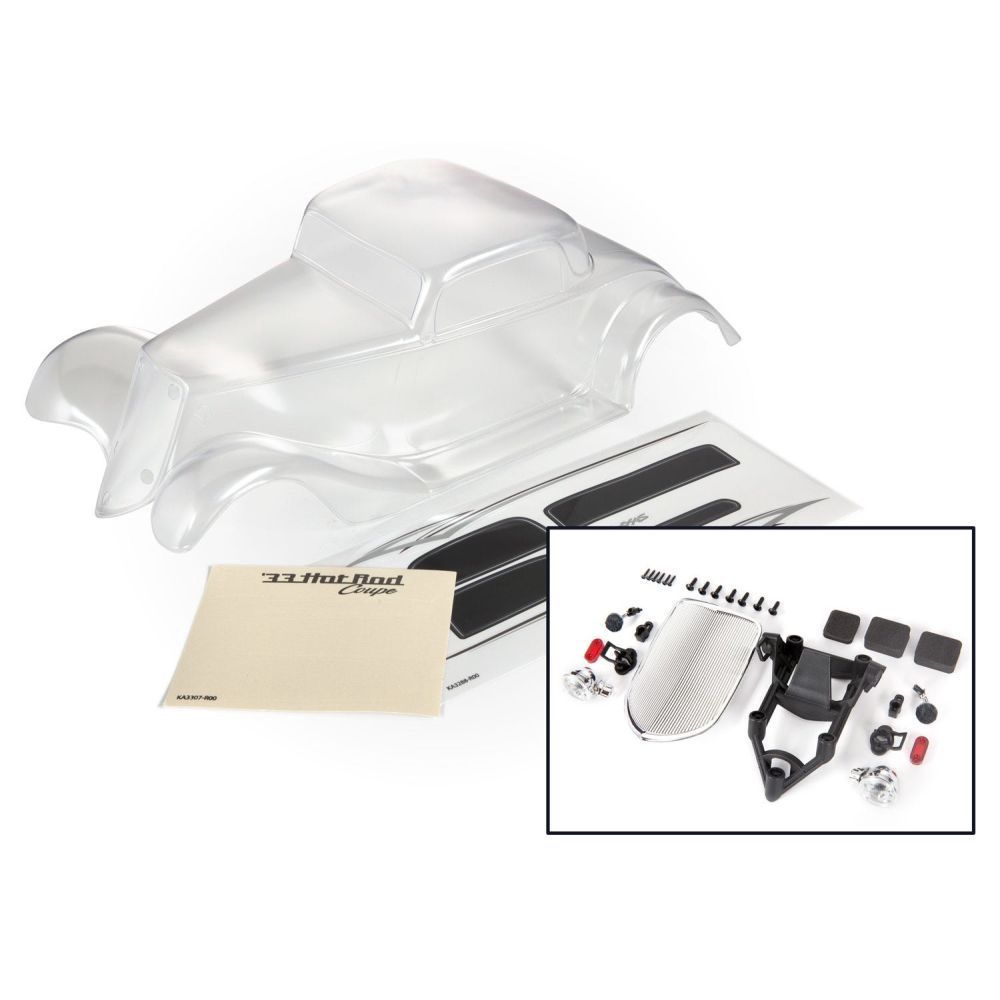 Body, Factory Five '33 Hot Rod Coupe (clear, requires painting) / foam pads (front &amp; rear) / decal sheet (includes front grille, side mirrors, headlights, tail lights, mounting hardware)