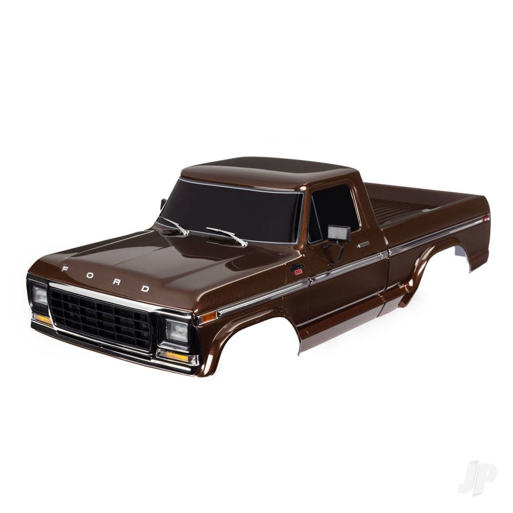 Body, Ford F-150 (1979), complete, brown (painted, decals applied) (includes grille, side mirrors, door handles, windshield wipers, &amp; clipless mounting)