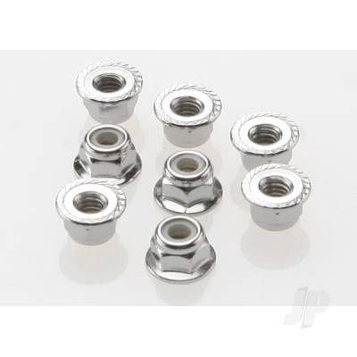 Nuts, 4mm flanged nylon locking (Steel, serrated) (8 pcs)