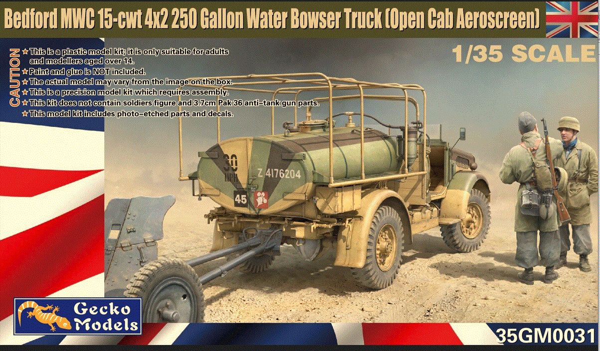 Military Gecko Models 1/35 Bedford MWC 15-cwt 4×2 200 Gallon Water Bowser Truck (Open Cab Aeroscreen)