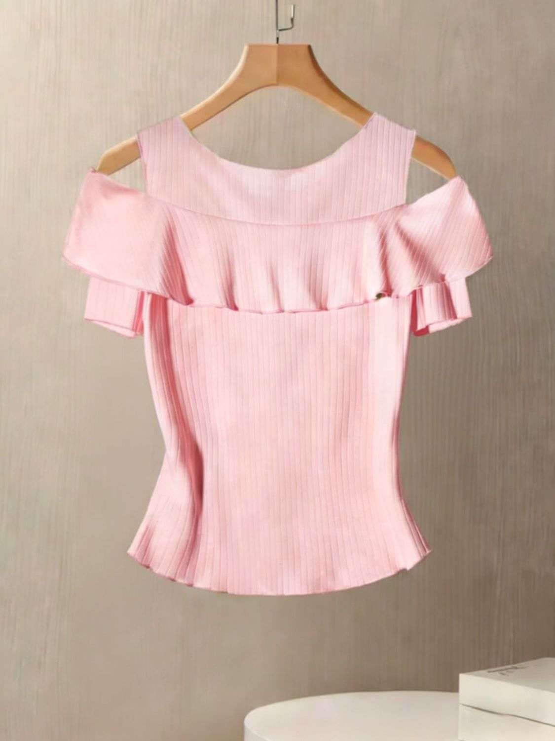 Women’s Off-Shoulder Ribbed T-Shirt – Solid Color Button Detail Short-Sleeve Top