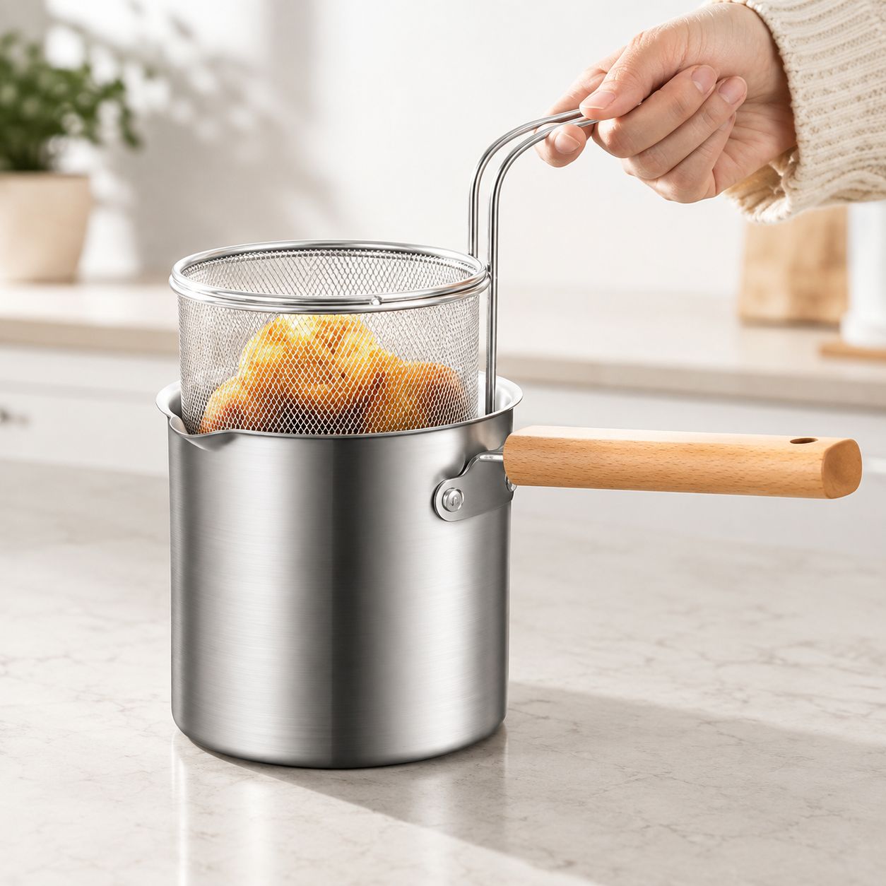 304 Stainless Steel Mini Deep Fryer Pot with Strainer – Oil-Saving Multipurpose Pan for Induction &amp; Stovetop Cooking