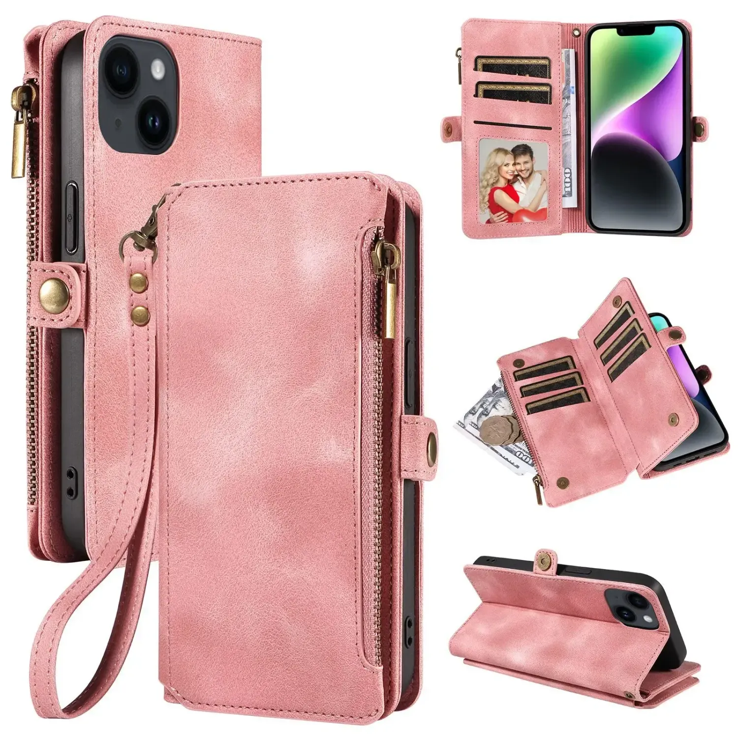 Color: Blue, Material: aluminum - Zipper Multi 9 Cards Wallet Case for OPPO Reno 12 10 8 7 6 5 Pro 11F 11A 8T 6Z 5Z Retro Leather Lanyard Wrist Strap Phone Cover