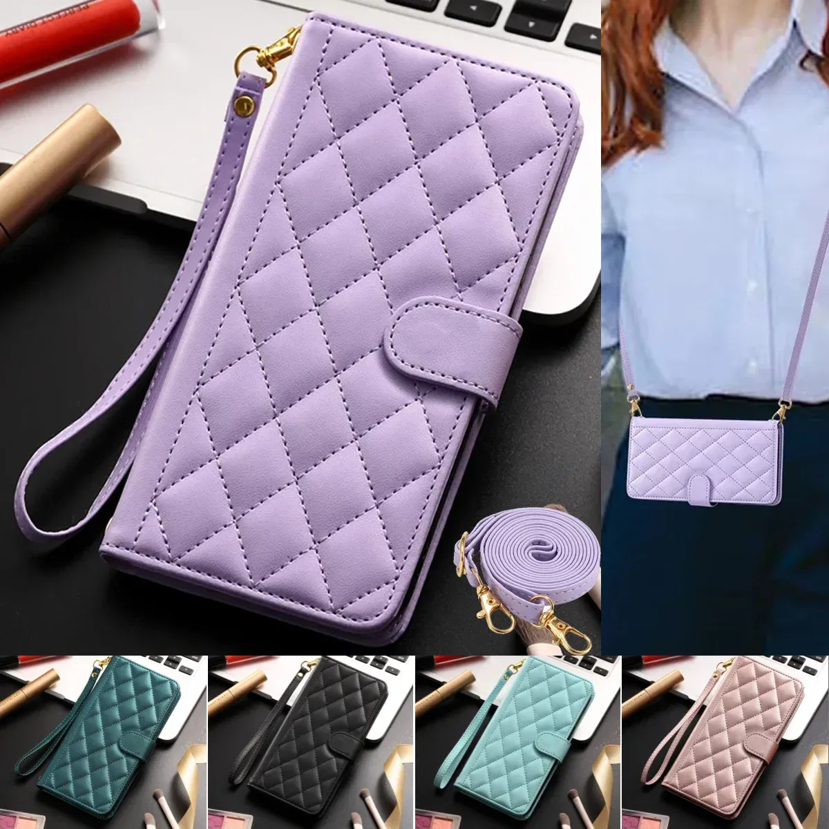 Material: PE, Color: Black - Long lanyard Flip Leather Phone Case for Samsung Galaxy S24 Ultra S23 FE S22 S21 S20 S10 Plus Wallet Card Cover Coque