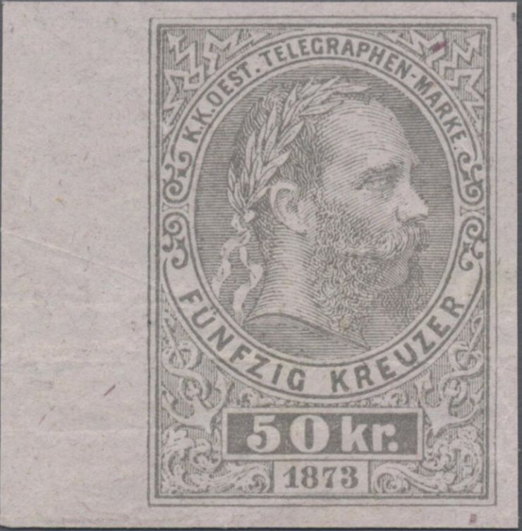 1873  : Telegraph 50Kr unperforated proof certified Soecknick - only 10 printed - Value 8.000 euro