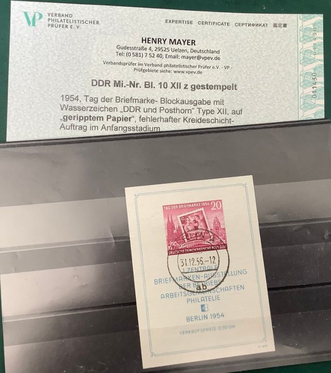 1954 : DDR - Expo block on ribbed paper - Michel 10X IIz - certified Mayer - Value 2.000 euro