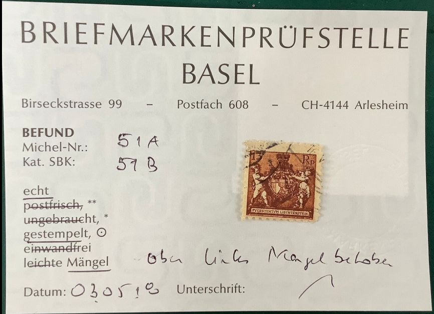 1921 : 13 Rp coat of arms in good perforation - certified BPSB - Cotation : 3.000 euro