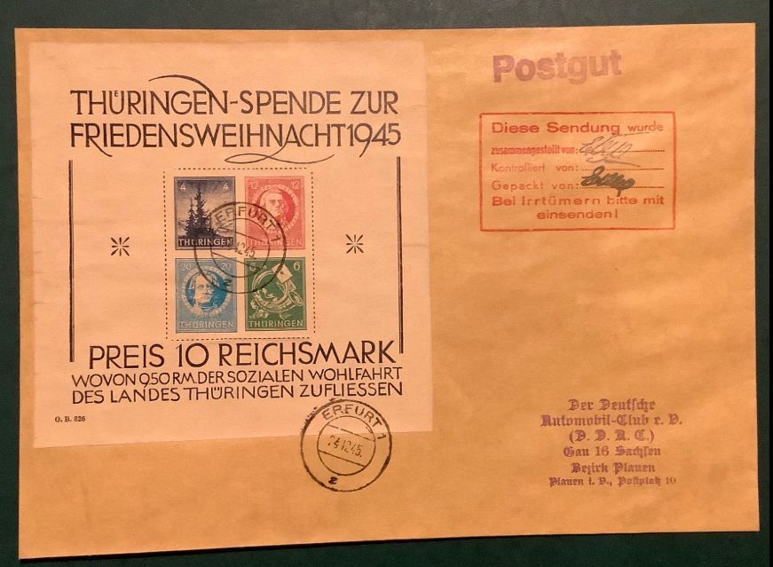 1946 : Thuringa - Big Xmas blok on letter - Michel 2 - Value 7.000