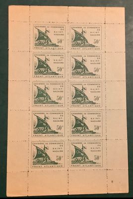 1941 : Saint Nazaire 50 cent in complete sheet - Michel KB 1 - No gum as issued - Valeu 3.500 euro
