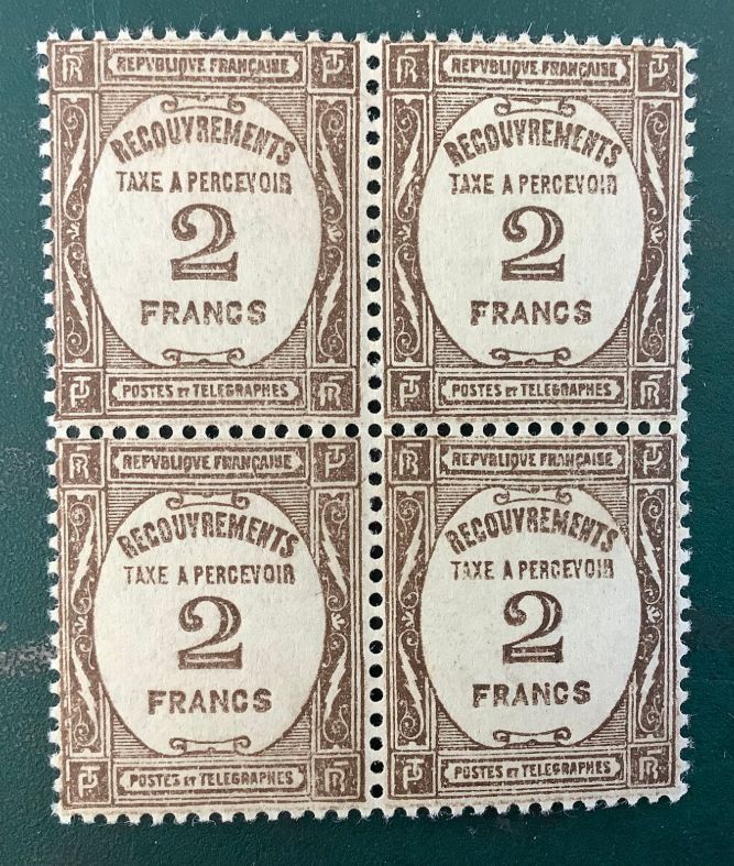 1927 : 2 Fr Tax stamp recouvrement in bloc of 4 - Yvert 62 - MNH - Value 1.280 euro