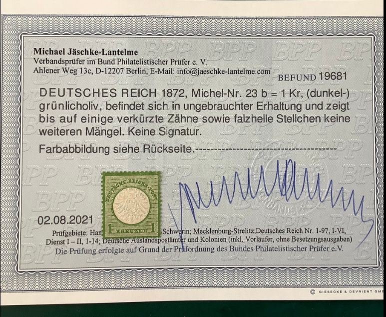 1872 : 1 kreuzer Brutschield in good shade with Befund Jaschke-Lantelme - Michel 23b - MH - Value : 800 euro