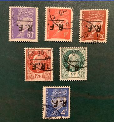 1944 : France Libre Montlucon - Complete set with inverted overprint signed Mayer and Scheller - Yvert 1/6