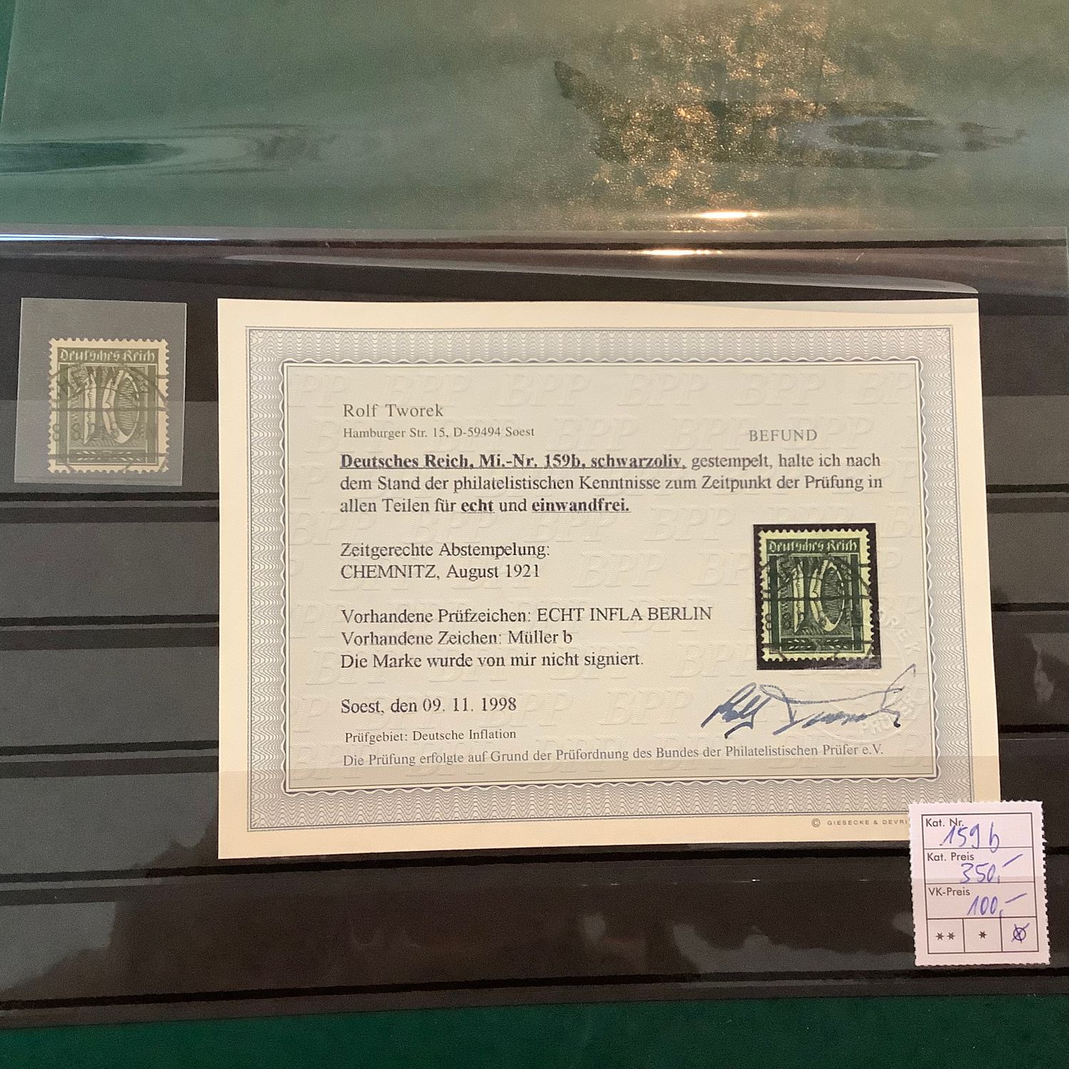 1921 : 10Pf in dark shade certified Tworek - Michel 159b - Value 350