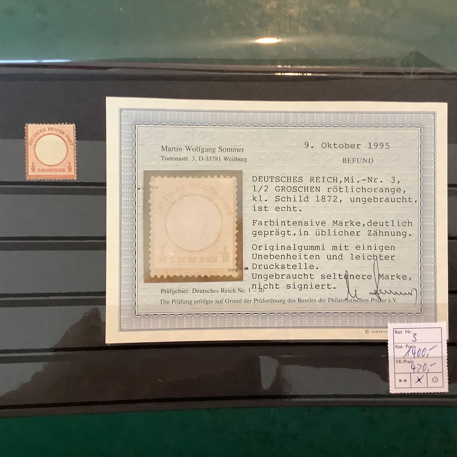 1872 : 1/2 Groschen Brutschield certified Sommer - Michel 3 - MH - Value : 1.400