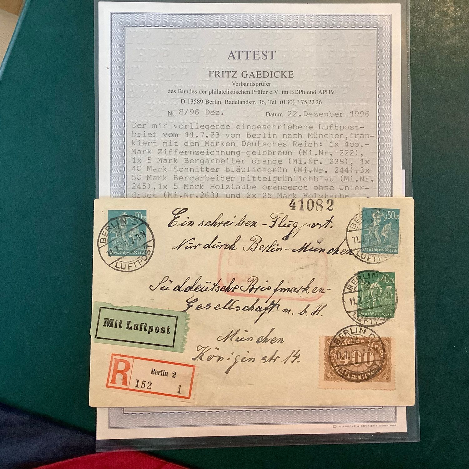 1923 : Lovely Infla letter with certificate Gaedicke - Michel 222, 238, 244, 245, 263 and 265 - Value : ++700