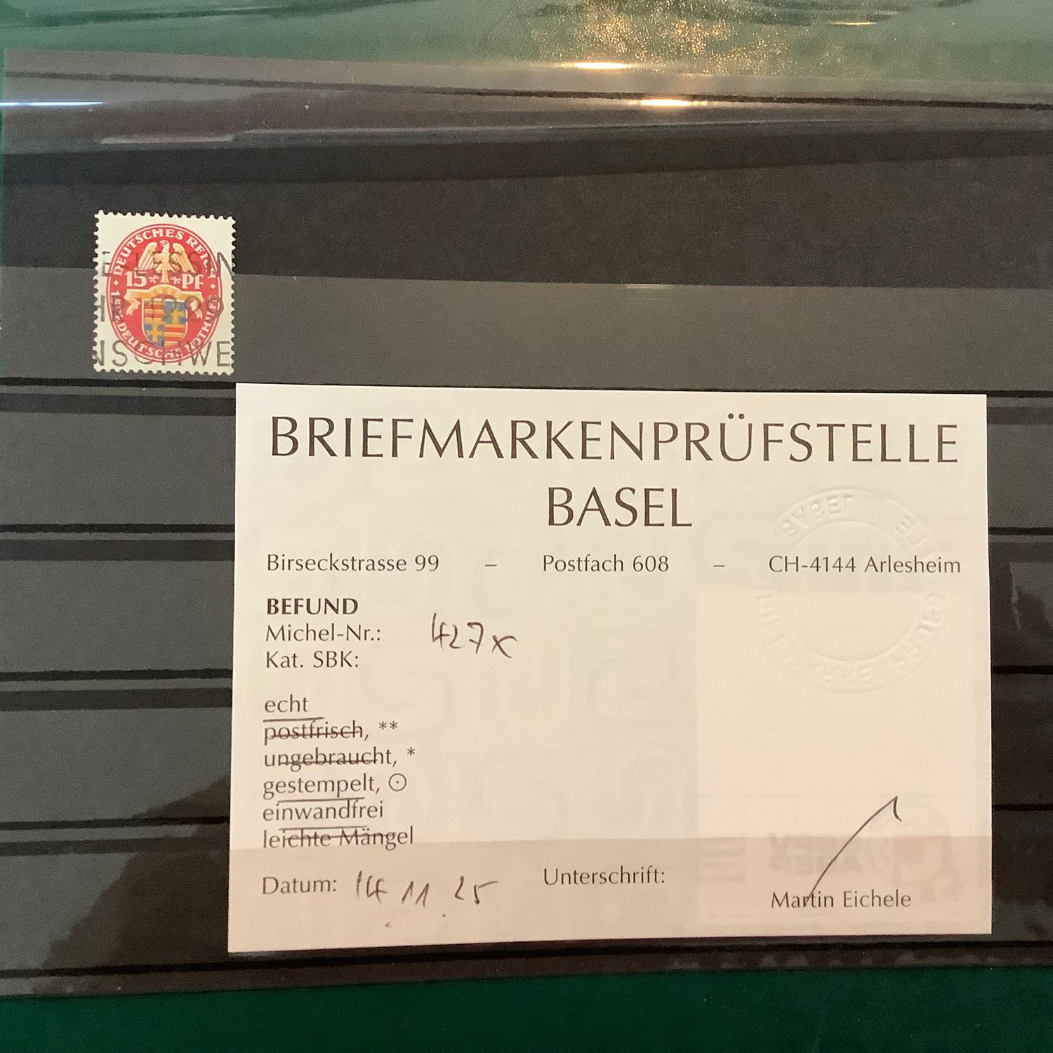 1928 : 15Pf in WM x certified BPSB - Michel 427x - Value 700