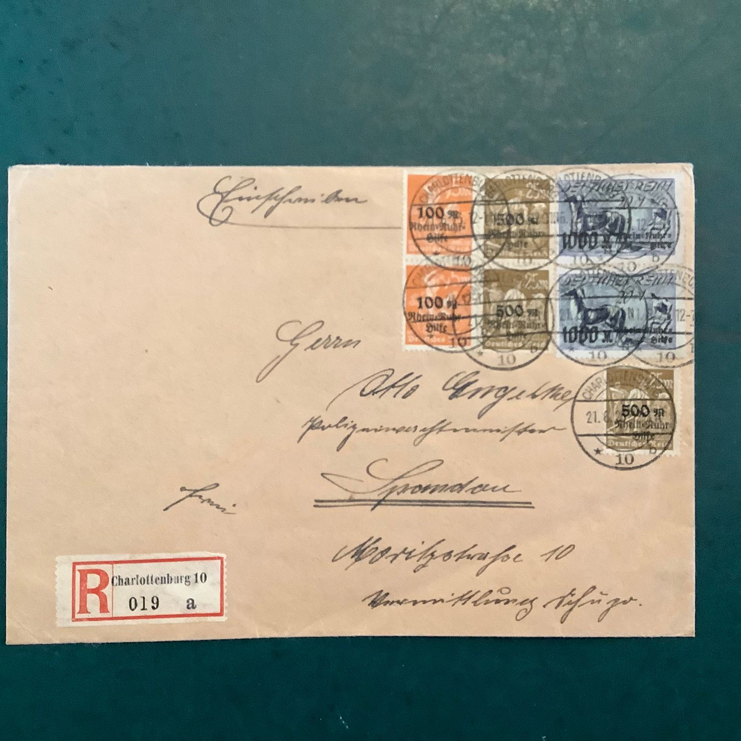 1923 : Rhijn and Rhuhr Aid on cover with 2 complete sets