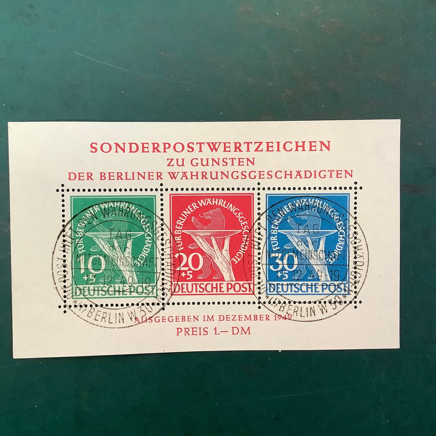 1949: Monetary Reform bloc with First Day Cancel of 17/12/49 signed Schlegel - Michel bloc 1 - Value : 4.500