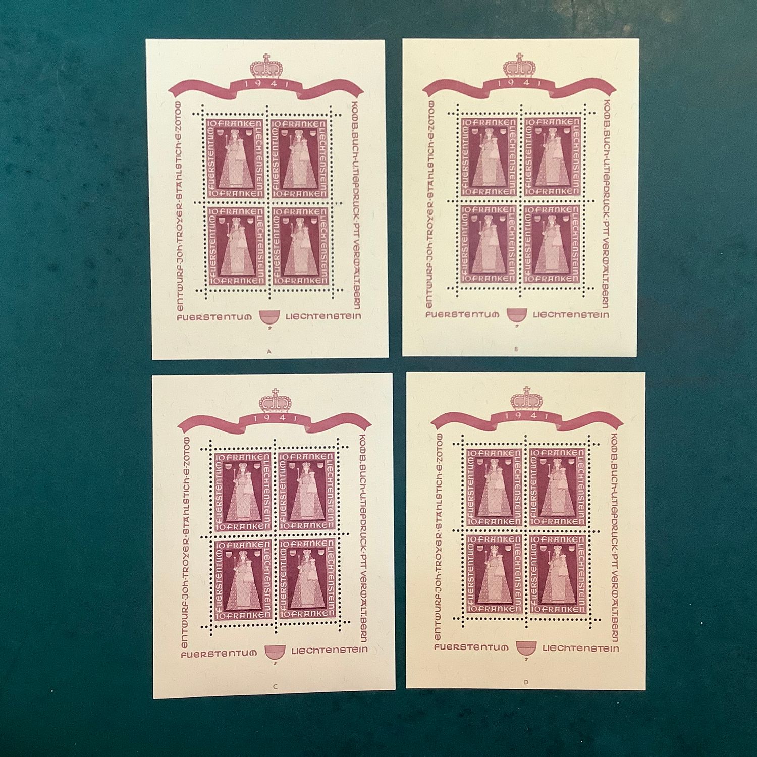 1941 : Madonna von Dux All 4 Plate Numbers from A to D - Michel KB 197 - MNH - Value : 2.000