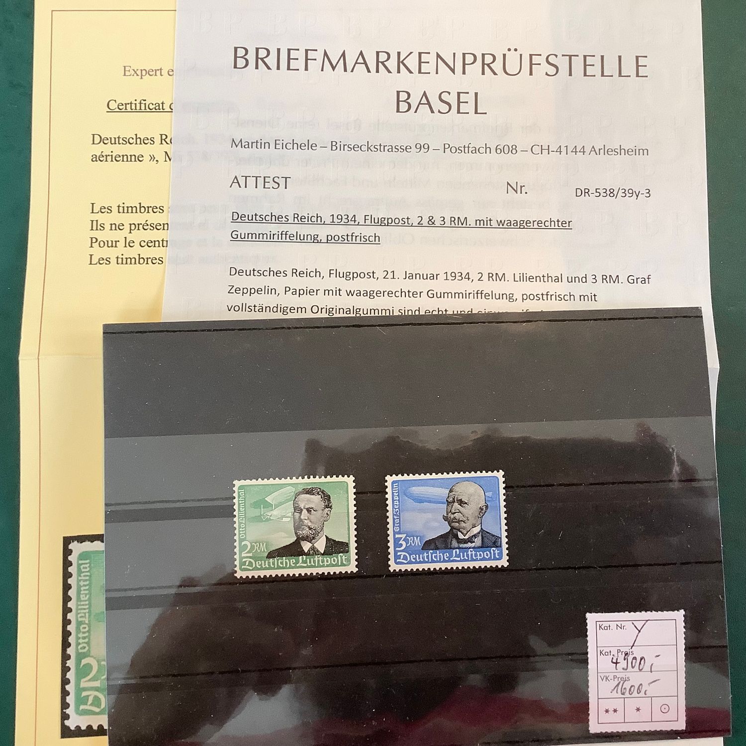 1934 : 2 and 3 Mark Lilienthal and Zeppelin with horizontzl gum with BPSB and Balasse certificate - Michel 538/539y - MNH - Value : €4.900